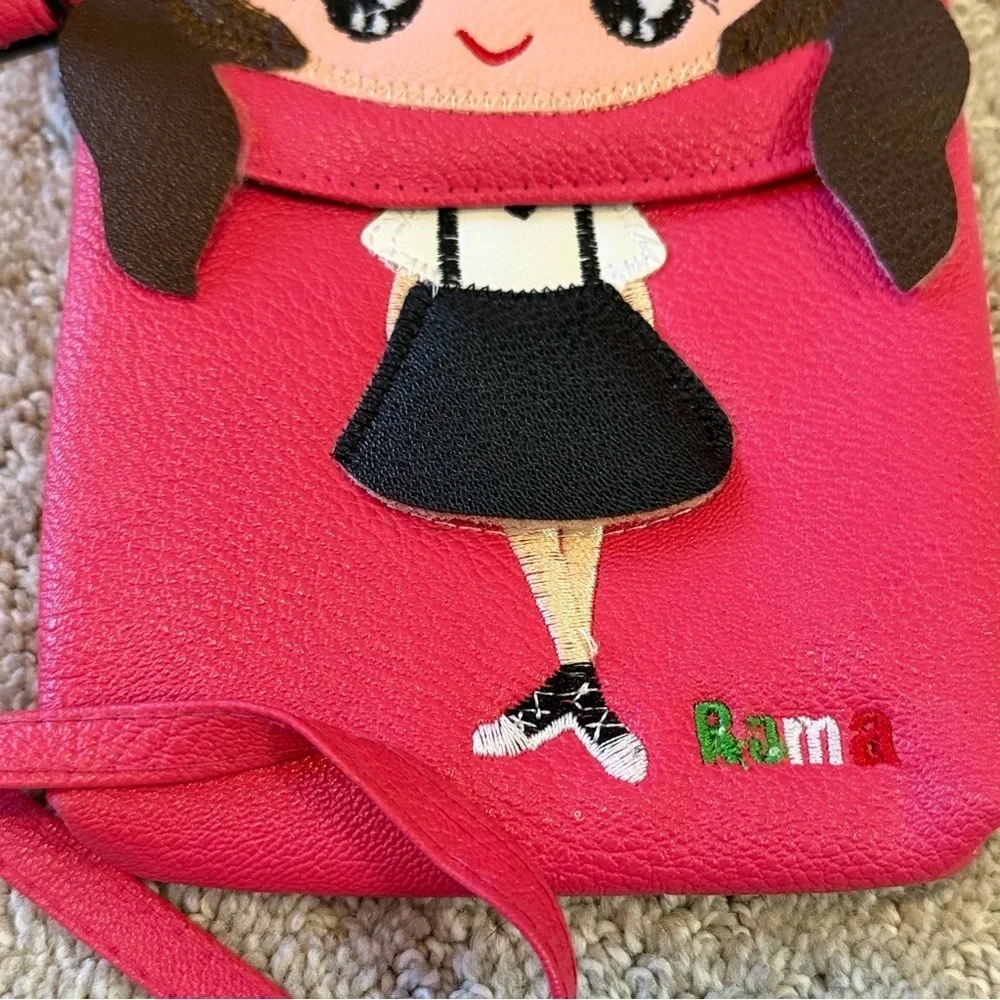 Pink Little Girl Shoulder Bag Small Purse Crossbody Brown Hair Fish Bow Dress